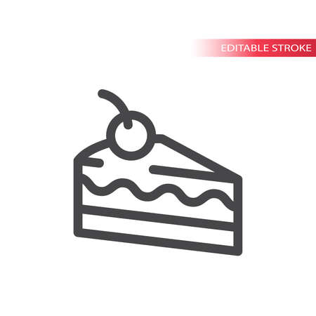 Slice of cake with cherry line vector icon. Cake piece outline symbol, editable stroke.のイラスト素材