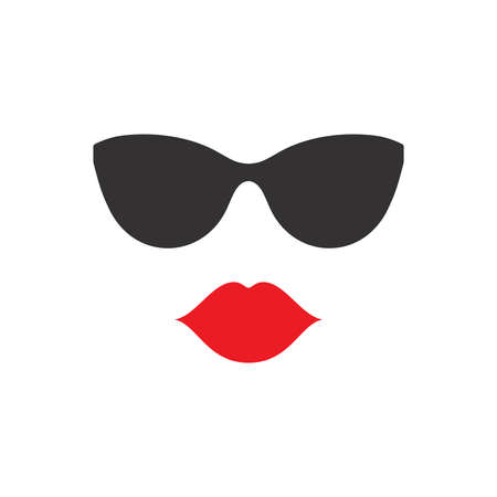 Female pretty red lips and sunglasses. Lips and glasses, woman face icon.のイラスト素材