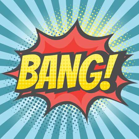 Bang explosion colorful vector cartoon. Bang! text lettering comic.のイラスト素材