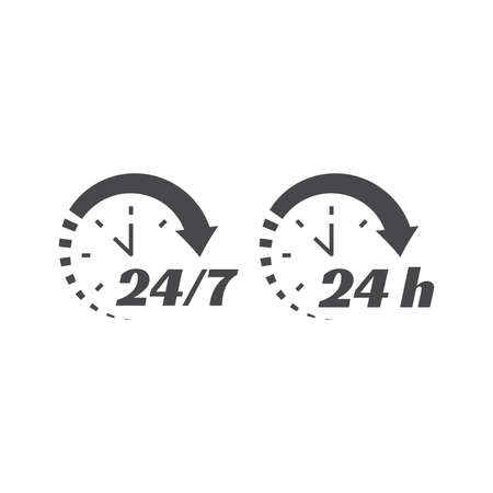 24 7 clock circle arrow for nonstop service icon. Non stop, twenty four hours support vector. Working hours set.のイラスト素材