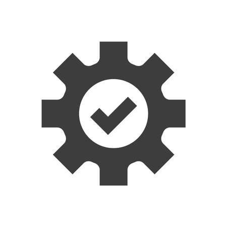 Cogwheel and checkmark black vector icon. Gear and ok, tick or checkmark symbol.のイラスト素材