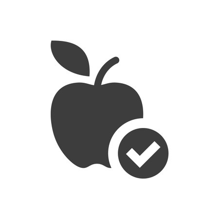 Apple with checkmark ot tick, ok vector icon. Healthy eating black symbol.のイラスト素材