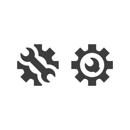 Gear with wrench black vector icon. Cogwheel and spanner symbol.のイラスト素材