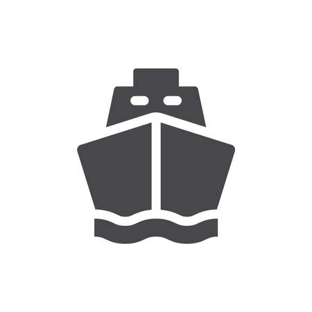 Ship black vector icon. Simple cargo boat in water symbol.のイラスト素材