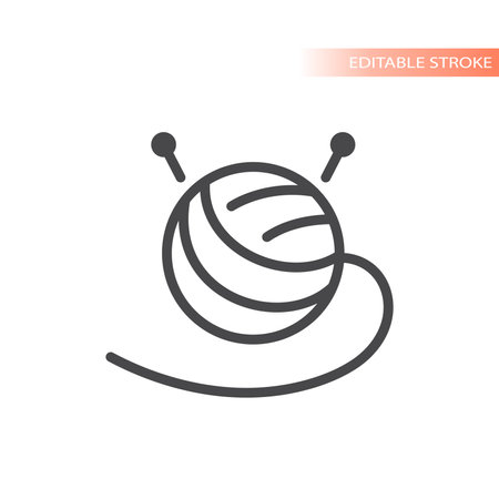 Yarn ball with knitting needles line vector icon. Outline, editable stroke.のイラスト素材
