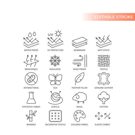 Fabric material feature live vector icon set. Fabrics features and properties symbols, editable stroke.のイラスト素材
