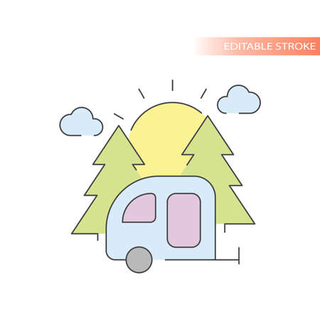 Camper trailer in nature with trees and sun. Camping line vector icon, outline caravan with colorful fill.のイラスト素材