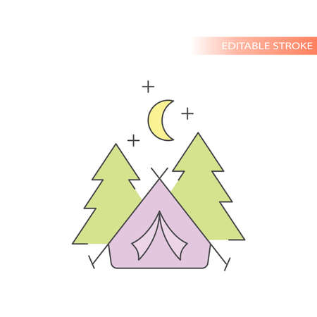 Tent with trees and moon line vector icon. Camping outline, editable stroke with colorful fill.のイラスト素材