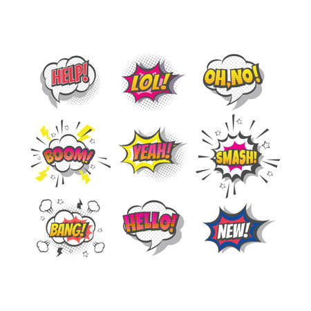 Comic cartoon lettering, pop art style.Lol, boom, bang and smash star explosion with halftone and speech bubble.のイラスト素材