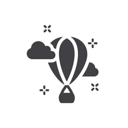 Hot air balloon with basket in the sky with clouds. Black vector icon.のイラスト素材