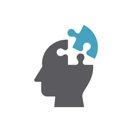 Human head with brain puzzle piece icon. Idea, solution concept black filled vector symbol.のイラスト素材