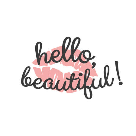 Hello beautiful slogan with female lips. Text lettering or writing in pink.のイラスト素材