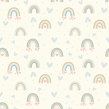 Rainbows and hearts pastel seamless pattern. Rainbow hand drawn doodle cute baby or kids print.のイラスト素材
