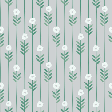 Floral seamless pattern design in grey. Flowers and leaves with stripes print for paper or fabric.