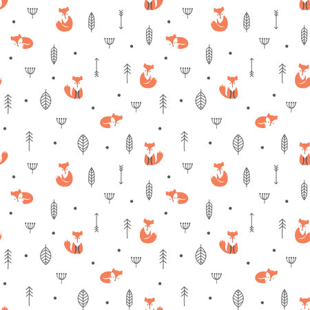 Red fox cartoon and forrest seamless pattern. Ethnic design with fox, feather and leaves, orange and black color.のイラスト素材