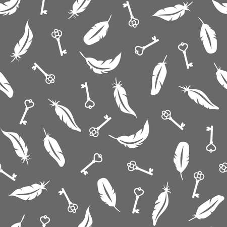 Bird feather and vintage key print design. Vector seamless pattern with keys and feathers.のイラスト素材