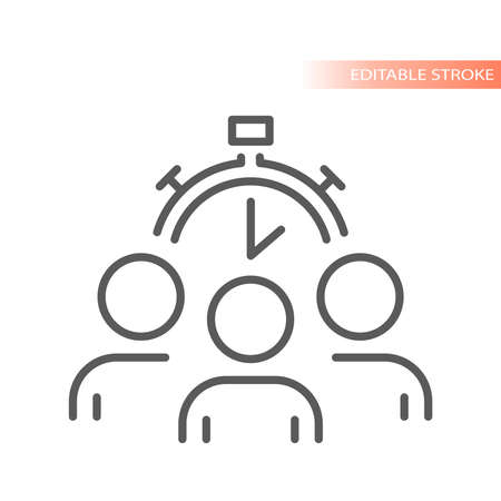 Group of people and clock or stopwatch. Teamwork deadline outlined vector icon.のイラスト素材