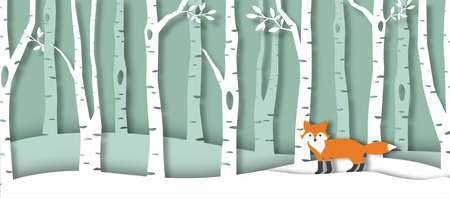 Paper cut fox in forest cartoon. 3d winter woods cut out illustration.の写真素材