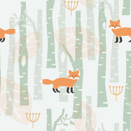 Red fox in forest cute seamless pattern. Cartoon print for paper or fabric.のイラスト素材