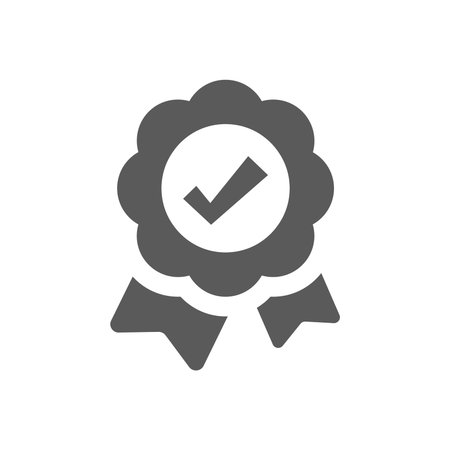 Quality award badge with ok or tick checkmark. Black vector filled ribbon icon.
