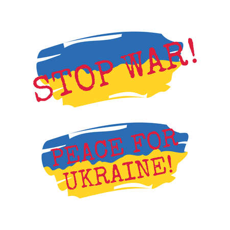 Ukrainian flag brush stroke with stop war. Peace for Ukraine text in chalk texture vector.のイラスト素材