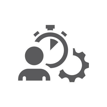 Employees performance black vector icon. Person, clock and gear, tasks and time management filled symbol.のイラスト素材