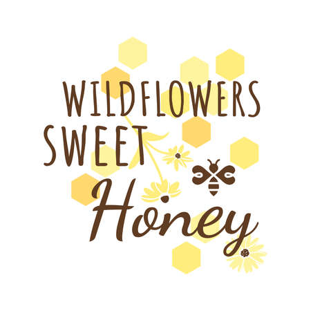 Wildflowers sweet honey label. Colorful vector honeycomb stamp.のイラスト素材