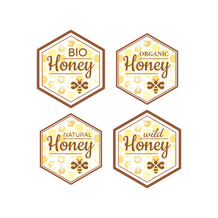 Colorful honey vector label with honeycomb. Bio, organic, natural honey and bee symbol.のイラスト素材