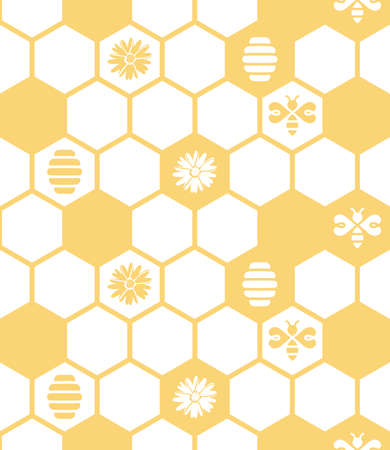 Honeycomb vector seamless pattern. Honey with flowers, hive, bee design.のイラスト素材