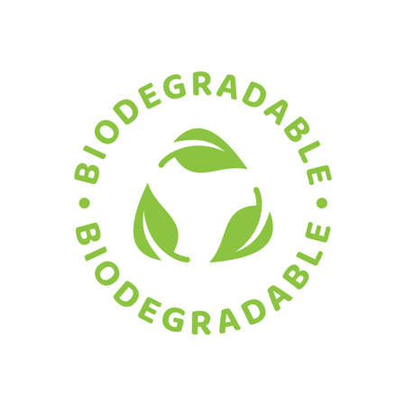 Biodegradable label in green with leaf and circle. Eco packaging recyclable symbol.のイラスト素材