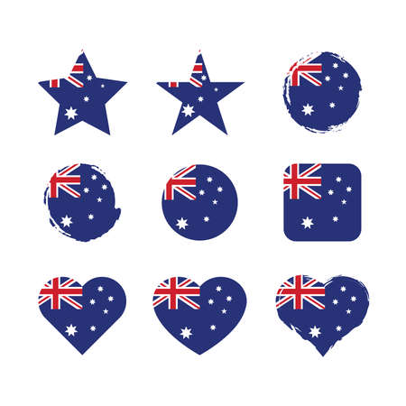 Australia vector circle and heart flag set. Australian dry brush and grunge effect stamp flags.のイラスト素材
