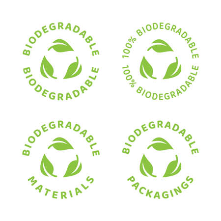 Biodegradable label in green with leaf and circle. Eco packaging recyclable symbol.のイラスト素材