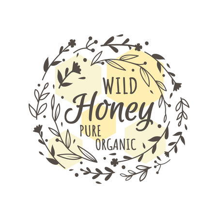 Organic and wild honey label with floral doodle wreath. Colorful vintage hand drawn and written badge with honeycomb.のイラスト素材