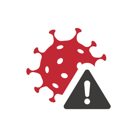 Covid virus and warning examination mark. Coronavirus alarm filled symbol.のイラスト素材