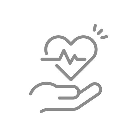 Medical care, health insurance line icon. Hand, heart and heartbeat or ecg outlined symbol.のイラスト素材