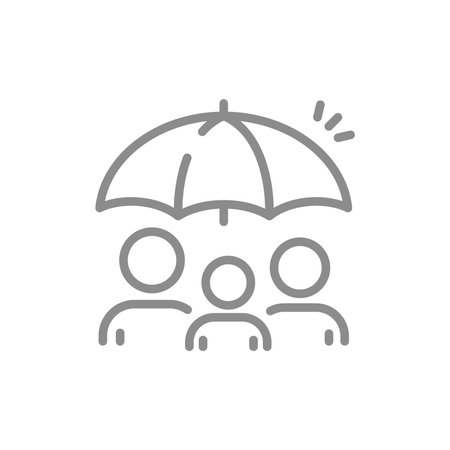 Family life or health insurance line vector icon. Men under umbrella outlined symbol.のイラスト素材