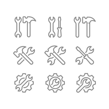 Wrench or spanner and hammer, screwdriver crossed line icon set. Settings, tools and gear outlined icons.のイラスト素材