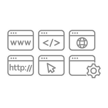 Web page with www and .com vector line icon set. Internet site browsing, secured and cursor arrow icons.のイラスト素材