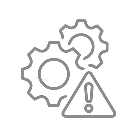 Gears and warning exclamation mark or point sing. System breach, danger or error line vector icon.のイラスト素材