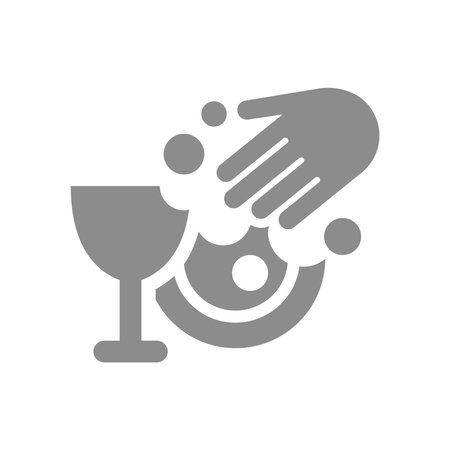 Hand washing dishes vector icon. Dish, plate and glass with soap bubbles cleaning.のイラスト素材