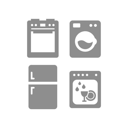Home, household appliances, oven, stove and washing machine icons. Fridge, dishwasher vector icon set.のイラスト素材