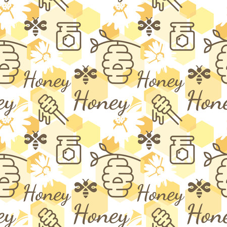 Honeycomb vector seamless pattern. Honey with flowers, hive, bee colorful print design.のイラスト素材
