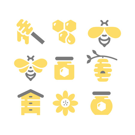 Honey, bee and honeycomb fill vector icon set. Jar, honey dipper and beehive icons.のイラスト素材