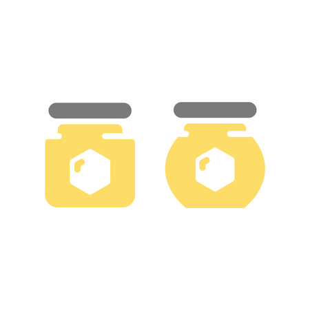 Honey jar with honeycomb colorful vector icon set. Jars filled icons.