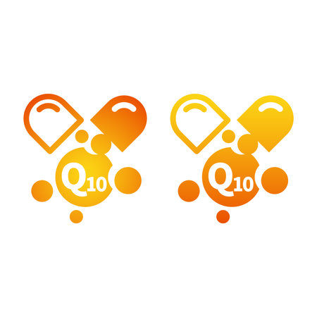 Q10 capsules pill vector icon. Supplements and micronutrients coenzyme q10 symbol.のイラスト素材