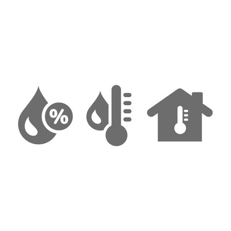 Humidity control with thermometer and home icons. Humidity percent with water drop icon set.のイラスト素材