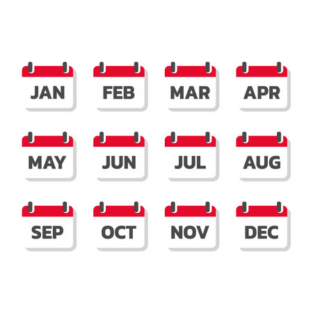 Calendar with months colorful vector icon set. Red and whine calendar with month January, February icons.のイラスト素材