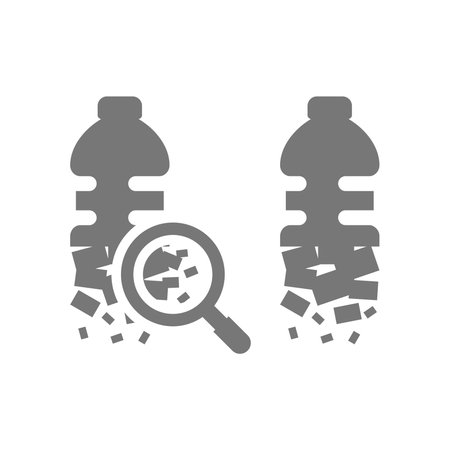 Microplastics with plastic bottle particles vector icon. Micro plastic or microplastic with magnifying glass symbol for pollution.のイラスト素材