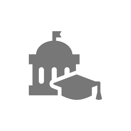 University or school building with graduation cap or hat. Education, student vector icon symbol.のイラスト素材