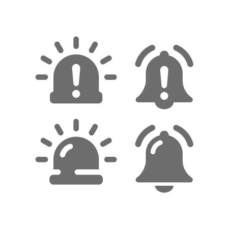 Emergency light and bell with exclamation mark icons. Alarm lamp, warning and signal icon set.のイラスト素材